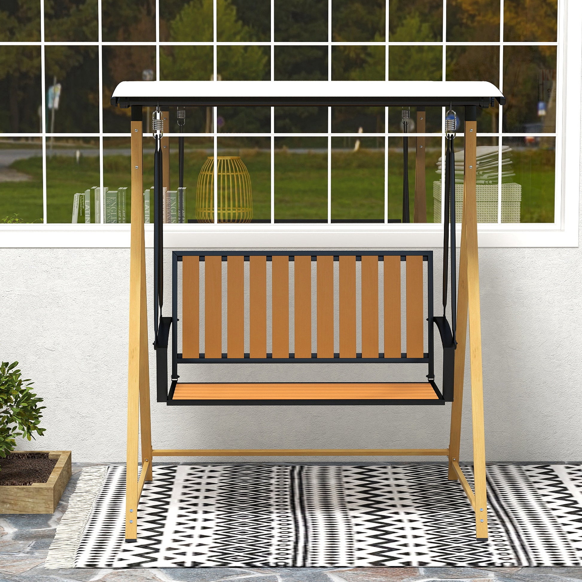 2-Seater Outdoor Garden Swing Wood Grain Patio Swing with Adjustable Canopy and Metal Frame Load 240 kg 142x112x162 cm Natural and Beige