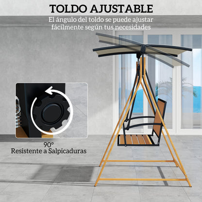 2-Seater Outdoor Garden Swing Wood Grain Patio Swing with Adjustable Canopy and Metal Frame Load 240 kg 142x112x162 cm Natural and Beige