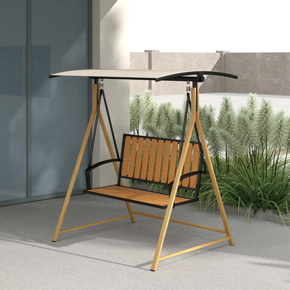 2-Seater Outdoor Garden Swing Wood Grain Patio Swing with Adjustable Canopy and Metal Frame Load 240 kg 142x112x162 cm Natural and Beige