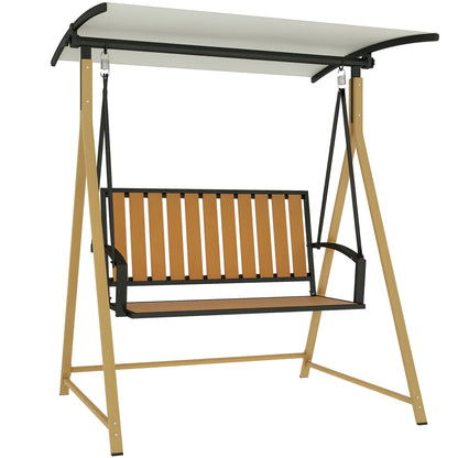 2-Seater Outdoor Garden Swing Wood Grain Patio Swing with Adjustable Canopy and Metal Frame Load 240 kg 142x112x162 cm Natural and Beige