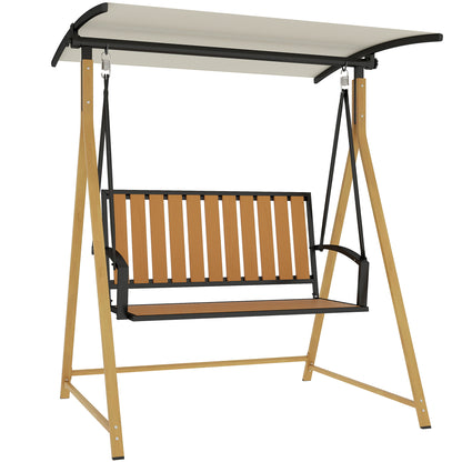 2-Seater Outdoor Garden Swing Wood Grain Patio Swing with Adjustable Canopy and Metal Frame Load 240 kg 142x112x162 cm Natural and Beige