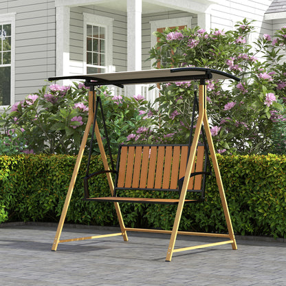 2-Seater Outdoor Garden Swing Wood Grain Patio Swing with Adjustable Canopy and Metal Frame Load 240 kg 142x112x162 cm Natural and Beige