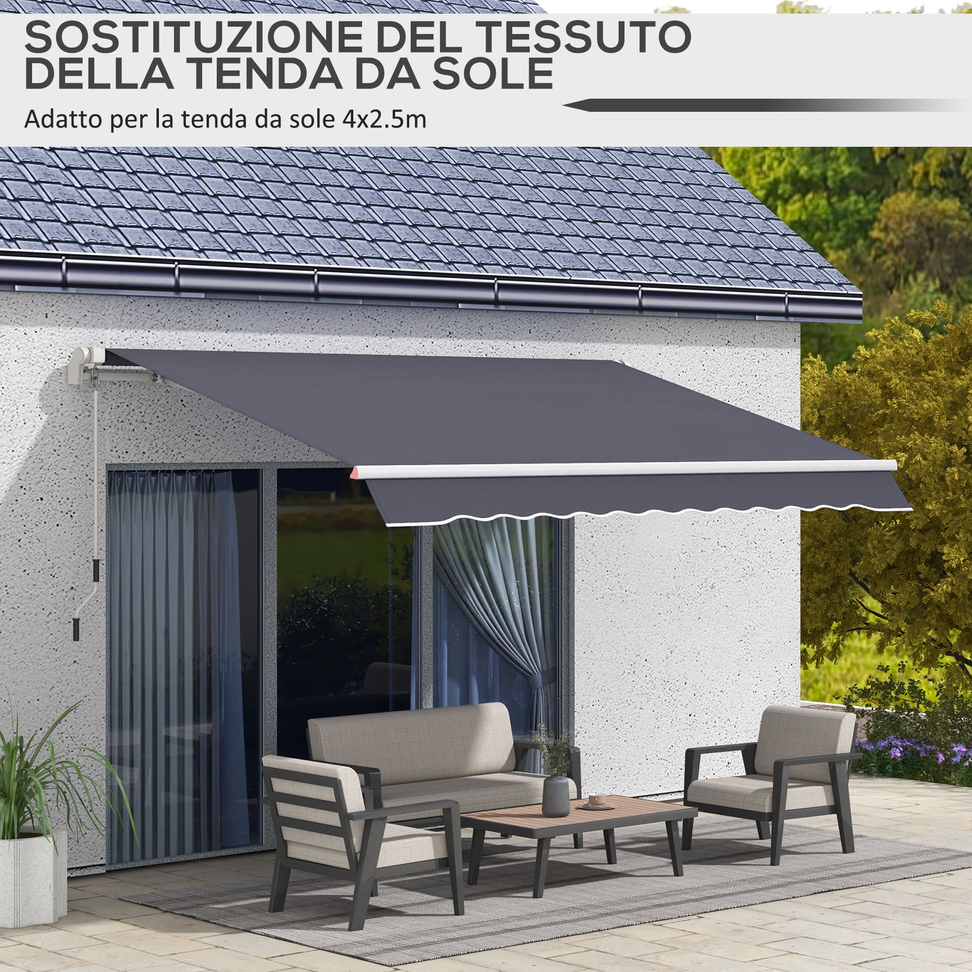 Replacement Cover for Retractable Sun Awning, Replacement Fabric for 3.6x2.5 m Arm Awning in Polyester, Anti-UV 30+, for Balcony, Patio, Terrace, Outdoor, Garden, Grey
