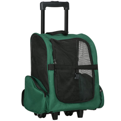 2-in-1 Pet Carrier Backpack or Wheeled Travel Cart for Dog and Cat with 2 Wheels, Retractable Aluminum Handle, and Pockets 42x25x55 cm Green