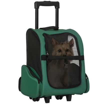 2-in-1 Pet Carrier Backpack or Wheeled Travel Cart for Dog and Cat with 2 Wheels, Retractable Aluminum Handle, and Pockets 42x25x55 cm Green