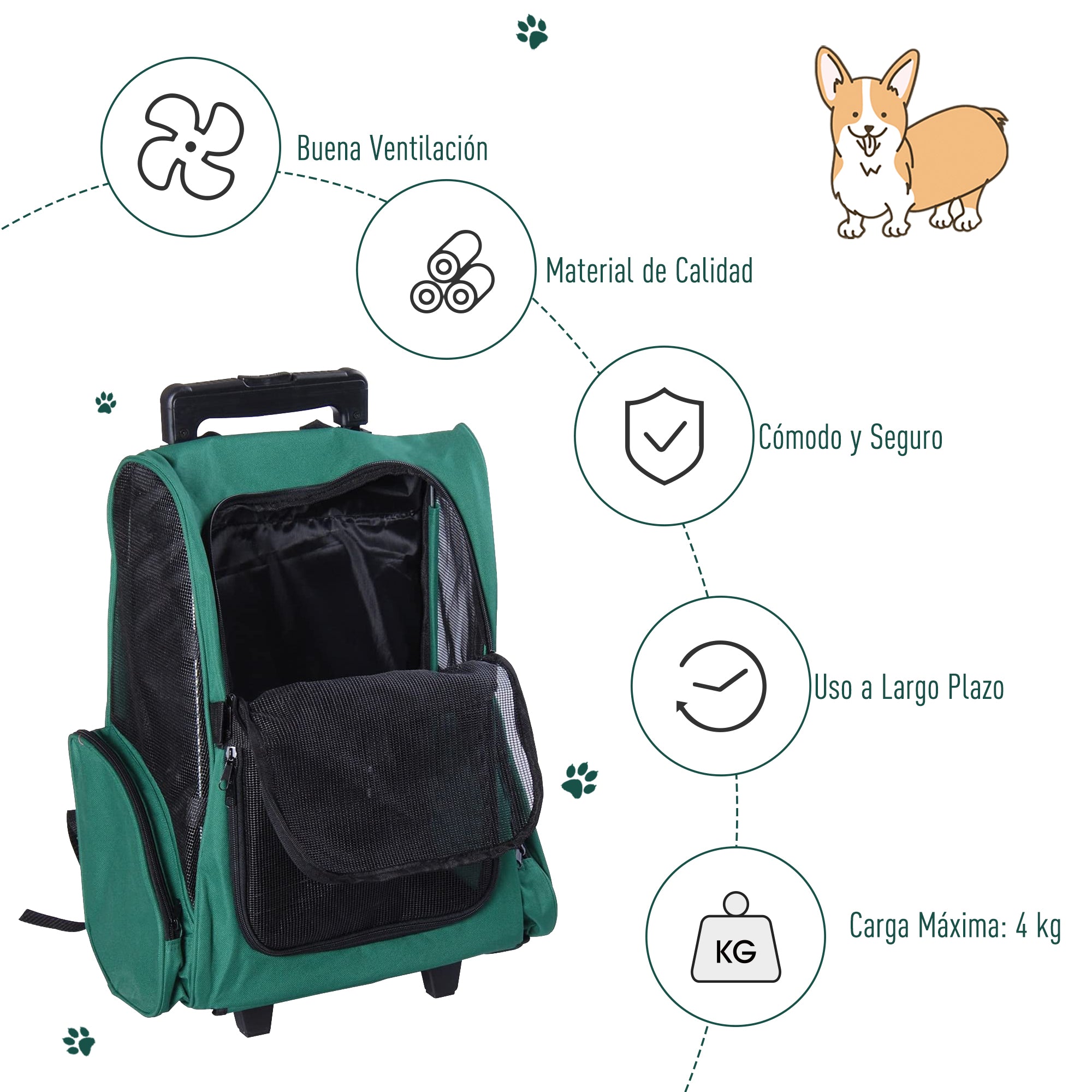 2-in-1 Pet Carrier Backpack or Wheeled Travel Cart for Dog and Cat with 2 Wheels, Retractable Aluminum Handle, and Pockets 42x25x55 cm Green
