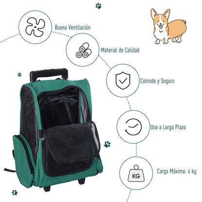 2-in-1 Pet Carrier Backpack or Wheeled Travel Cart for Dog and Cat with 2 Wheels, Retractable Aluminum Handle, and Pockets 42x25x55 cm Green