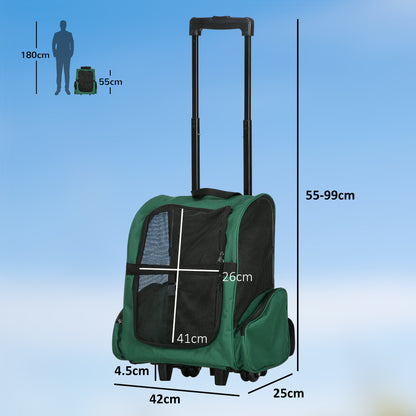 2-in-1 Pet Carrier Backpack or Wheeled Travel Cart for Dog and Cat with 2 Wheels, Retractable Aluminum Handle, and Pockets 42x25x55 cm Green