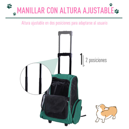 2-in-1 Pet Carrier Backpack or Wheeled Travel Cart for Dog and Cat with 2 Wheels, Retractable Aluminum Handle, and Pockets 42x25x55 cm Green