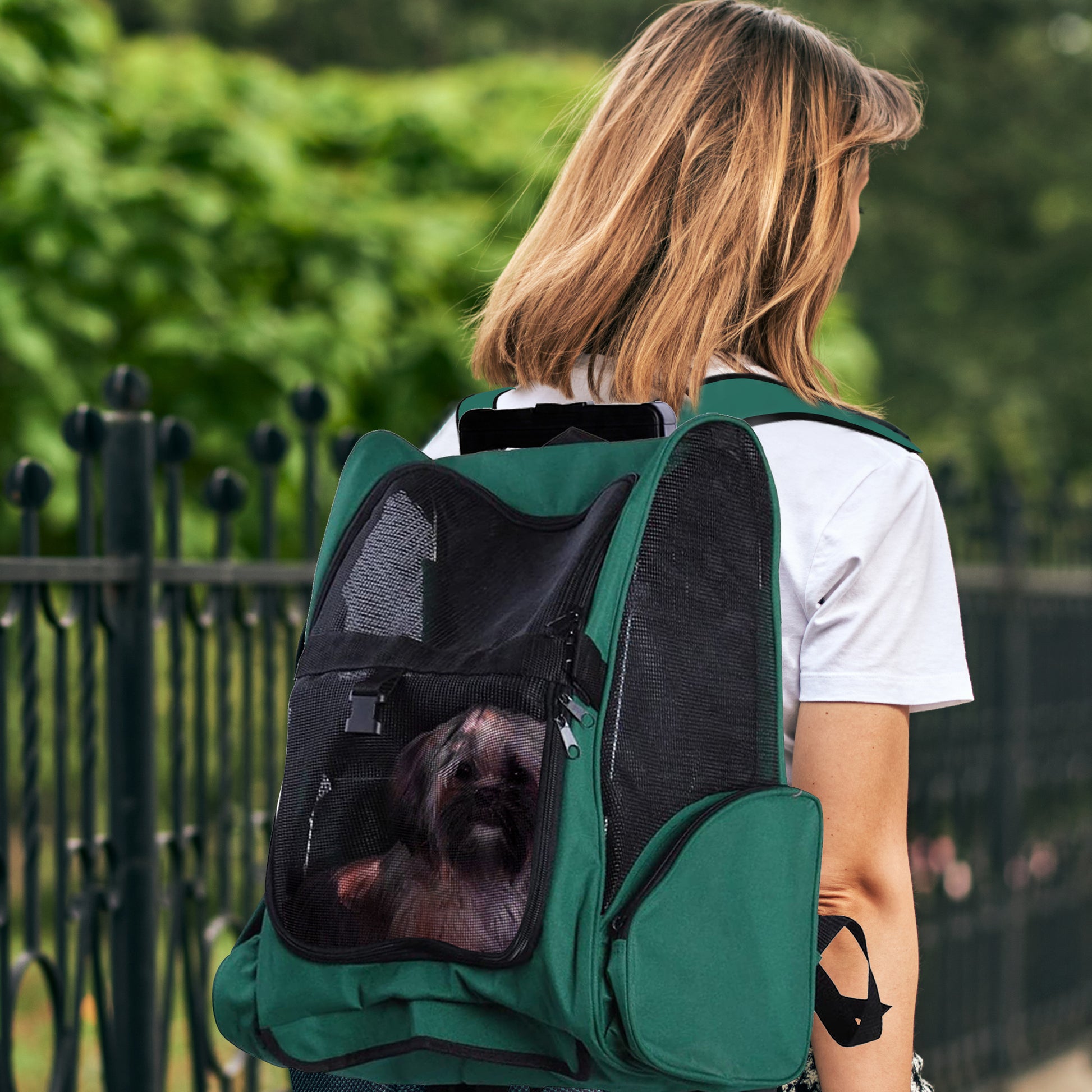 2-in-1 Pet Carrier Backpack or Wheeled Travel Cart for Dog and Cat with 2 Wheels, Retractable Aluminum Handle, and Pockets 42x25x55 cm Green