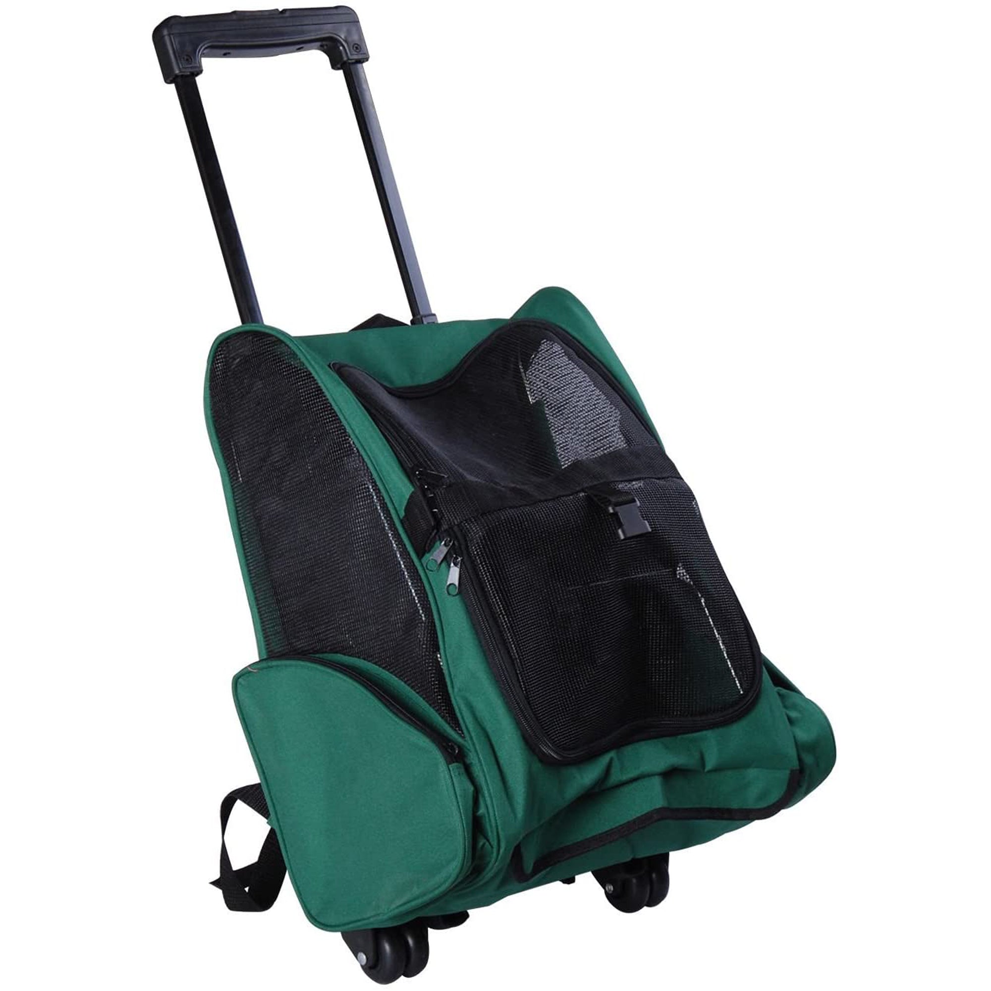 2-in-1 Pet Carrier Backpack or Wheeled Travel Cart for Dog and Cat with 2 Wheels, Retractable Aluminum Handle, and Pockets 42x25x55 cm Green