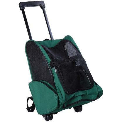 2-in-1 Pet Carrier Backpack or Wheeled Travel Cart for Dog and Cat with 2 Wheels, Retractable Aluminum Handle, and Pockets 42x25x55 cm Green