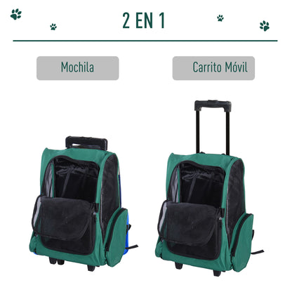 2-in-1 Pet Carrier Backpack or Wheeled Travel Cart for Dog and Cat with 2 Wheels, Retractable Aluminum Handle, and Pockets 42x25x55 cm Green