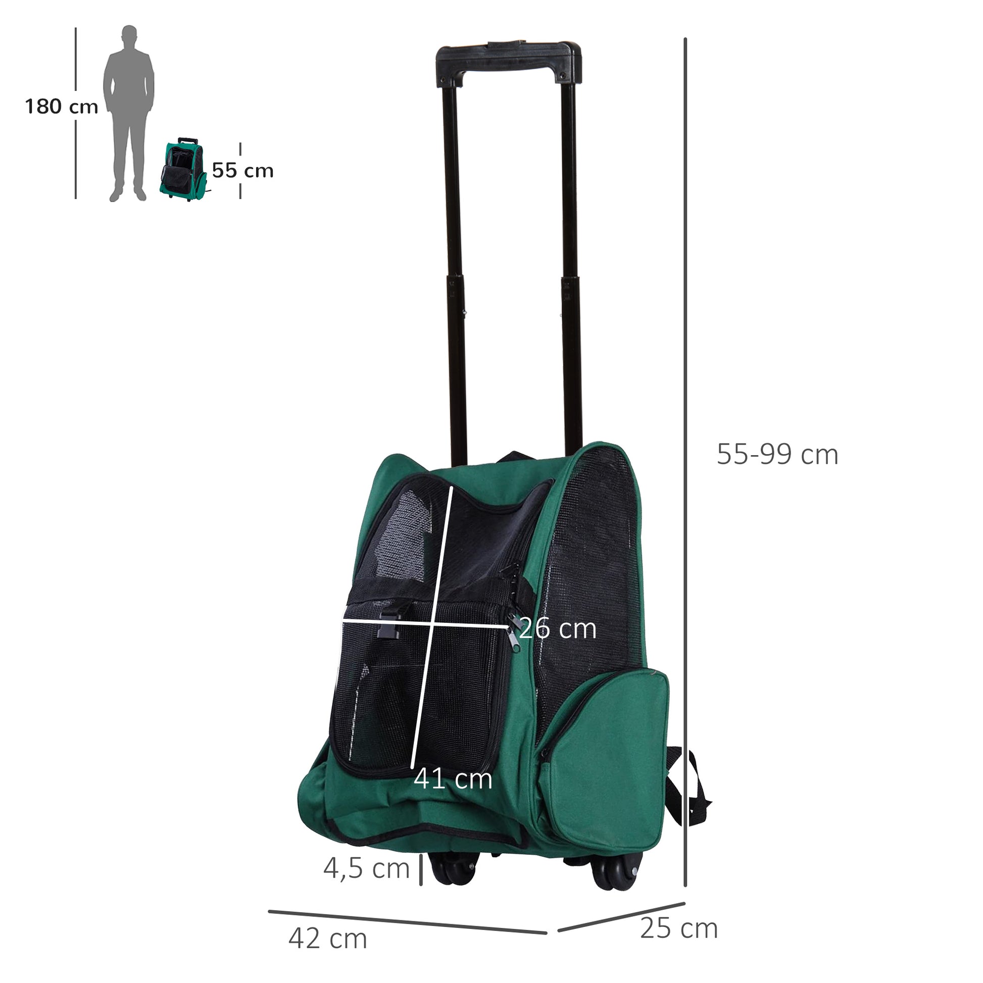 2-in-1 Pet Carrier Backpack or Wheeled Travel Cart for Dog and Cat with 2 Wheels, Retractable Aluminum Handle, and Pockets 42x25x55 cm Green