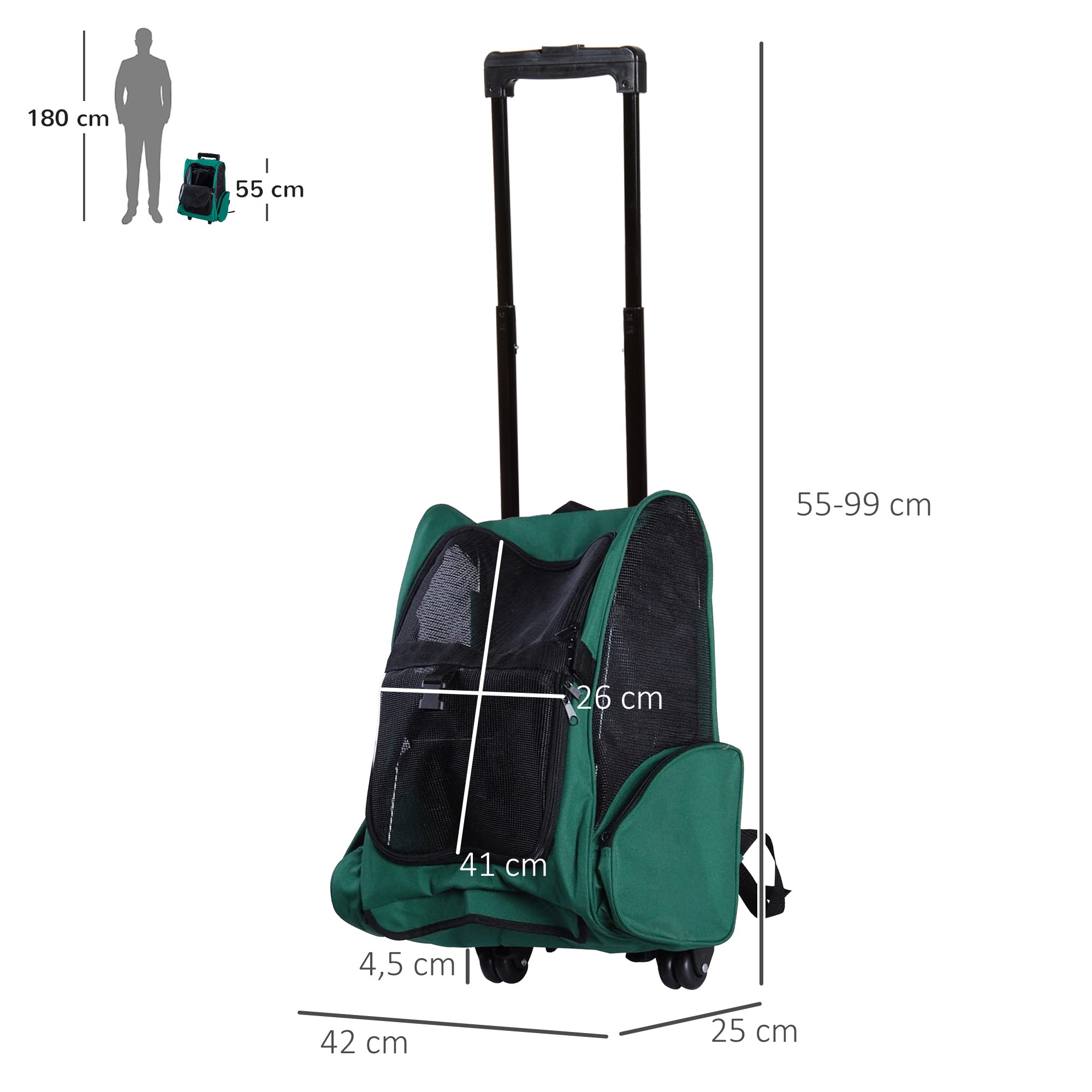 2-in-1 Pet Carrier Backpack or Wheeled Travel Cart for Dog and Cat with 2 Wheels, Retractable Aluminum Handle, and Pockets 42x25x55 cm Green