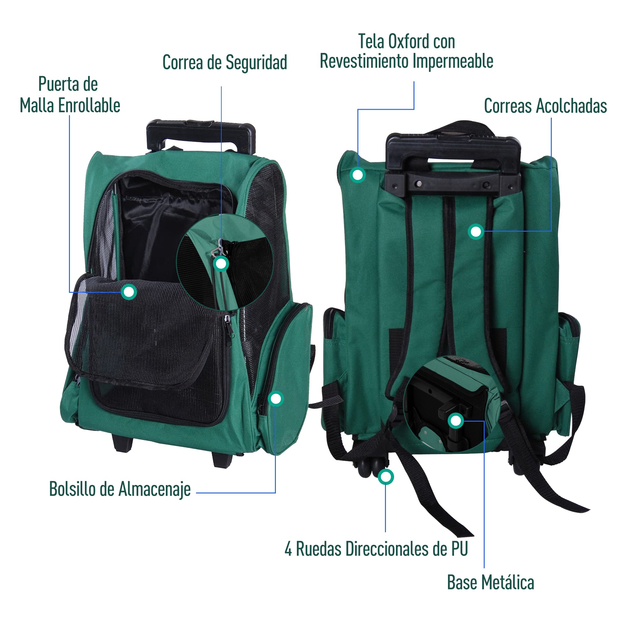 2-in-1 Pet Carrier Backpack or Wheeled Travel Cart for Dog and Cat with 2 Wheels, Retractable Aluminum Handle, and Pockets 42x25x55 cm Green