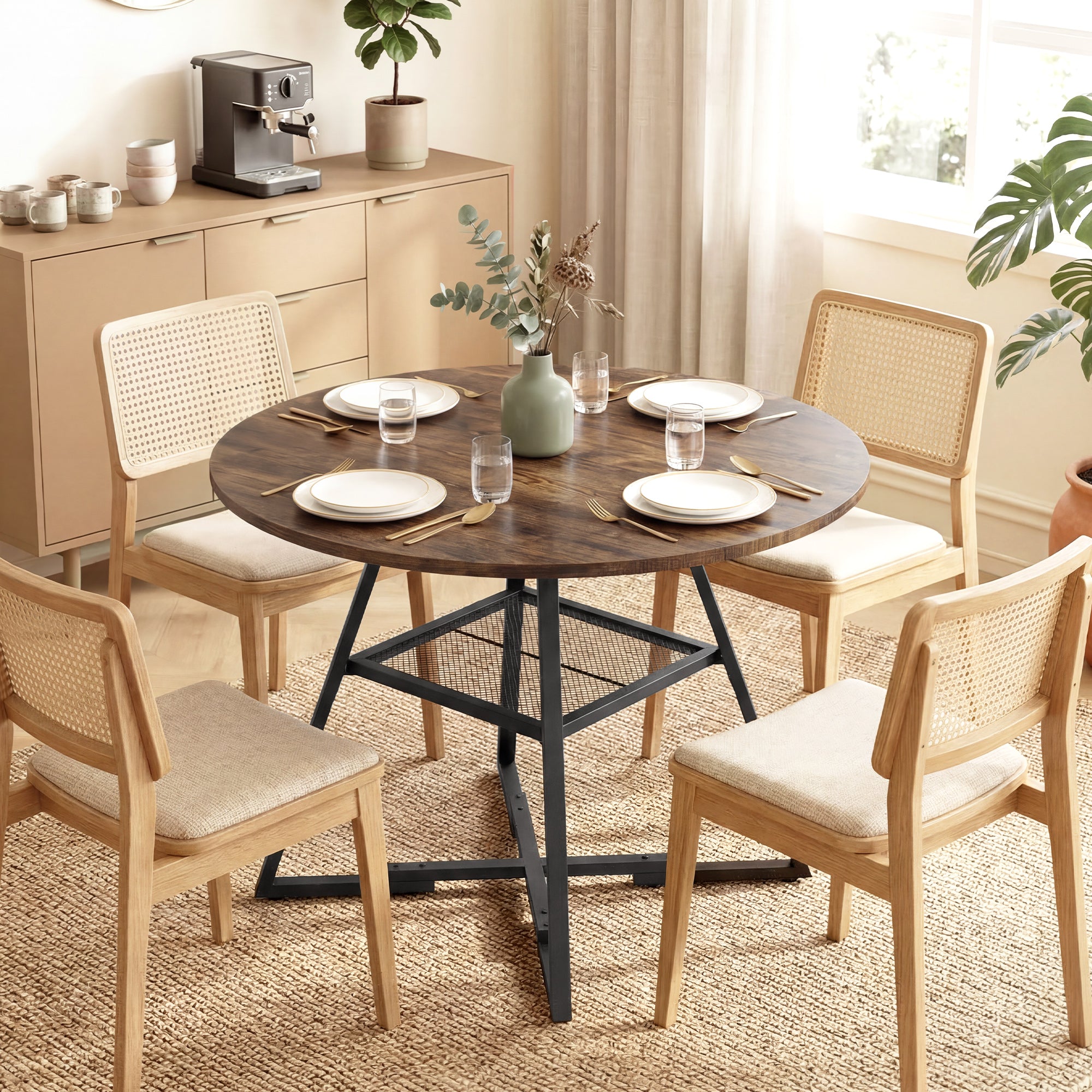 Round Dining Table for 4, 39.4" x 29.9", Industrial Kitchen Table with Large Top and Storage Shelf, Metal Frame, Rustic Brown