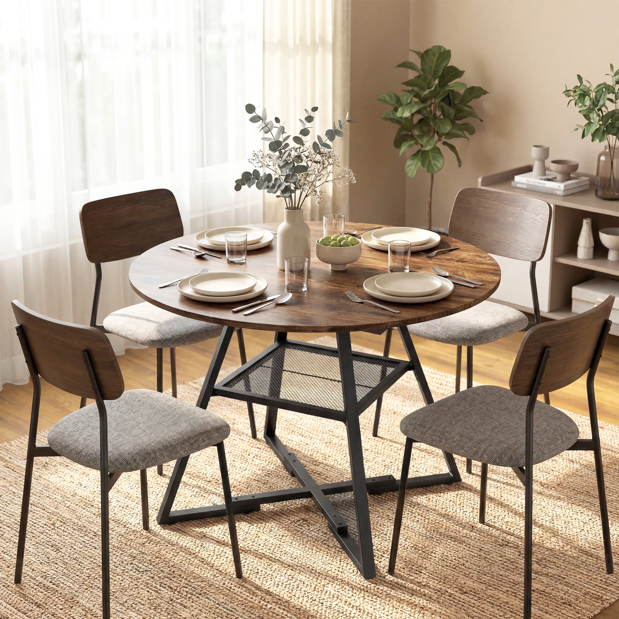 Round Dining Table for 4, 39.4" x 29.9", Industrial Kitchen Table with Large Top and Storage Shelf, Metal Frame, Rustic Brown