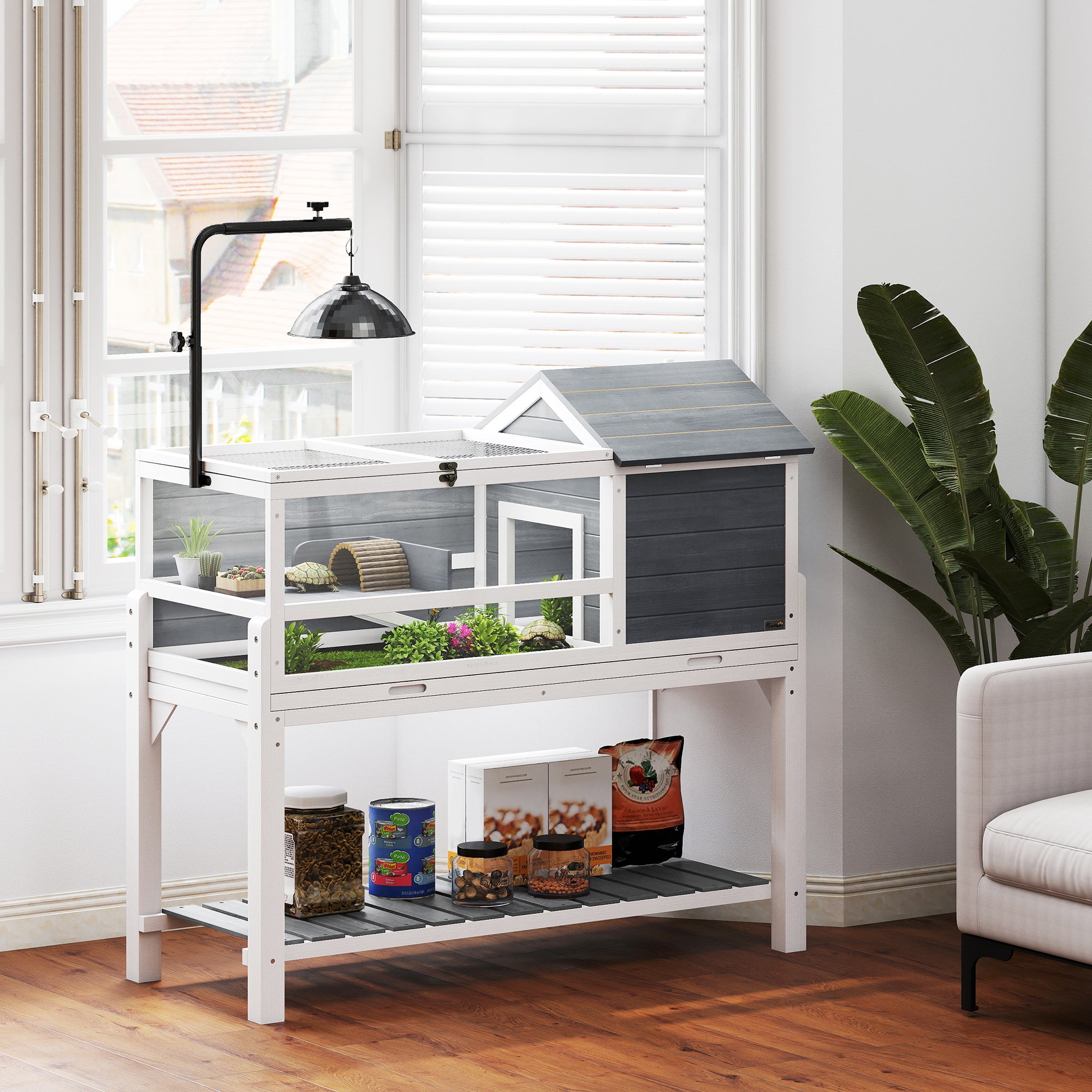 Wooden Turtle House – Elevated Reptile Terrarium with Adjustable Lamp Mount, Hinged Tops, Removable Tray & Storage Shelf