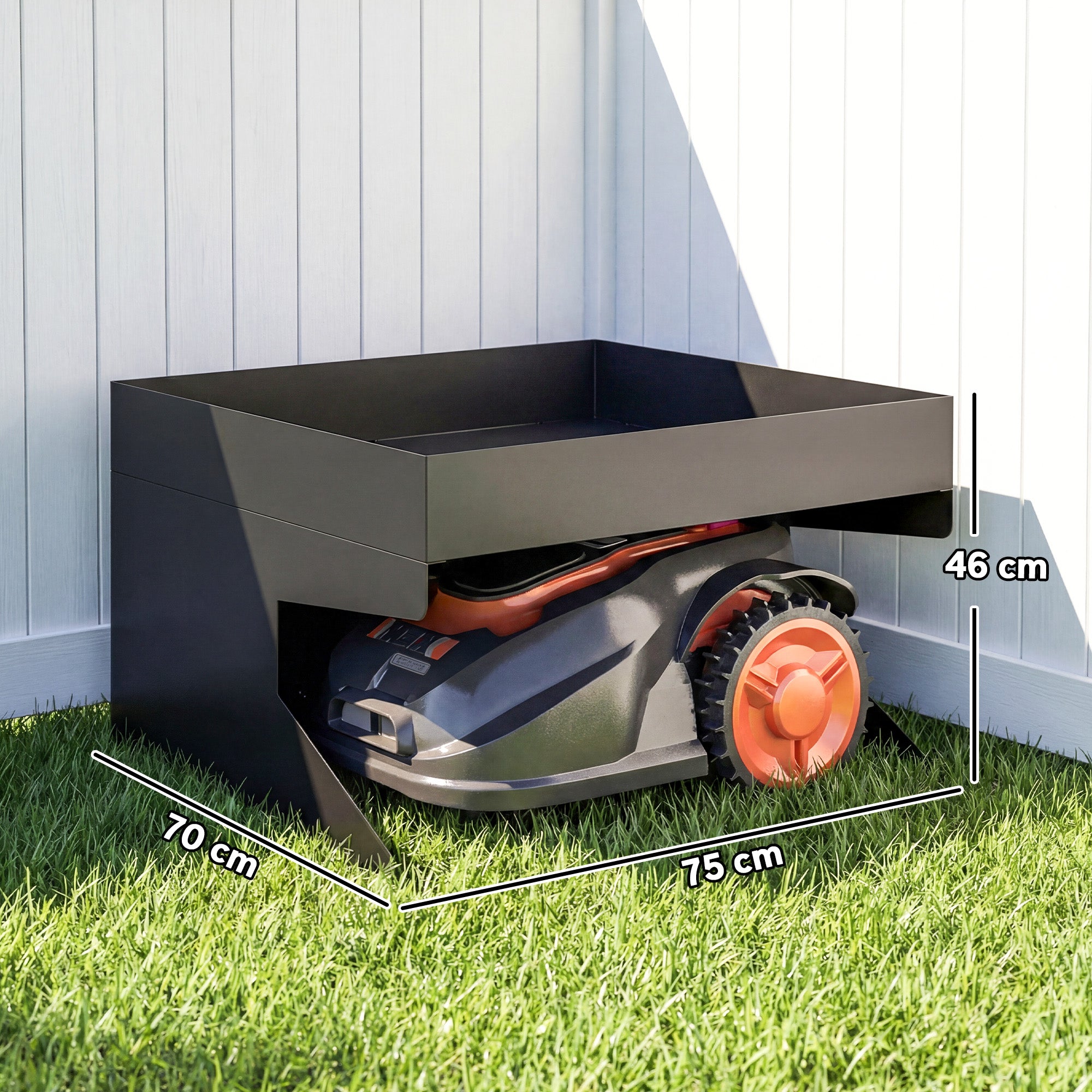 Robot Mower Garage, Galvanized Steel, 75 x 70 x 46 cm (29.5 x 27.6 x 18.1 in) with Planter – Black