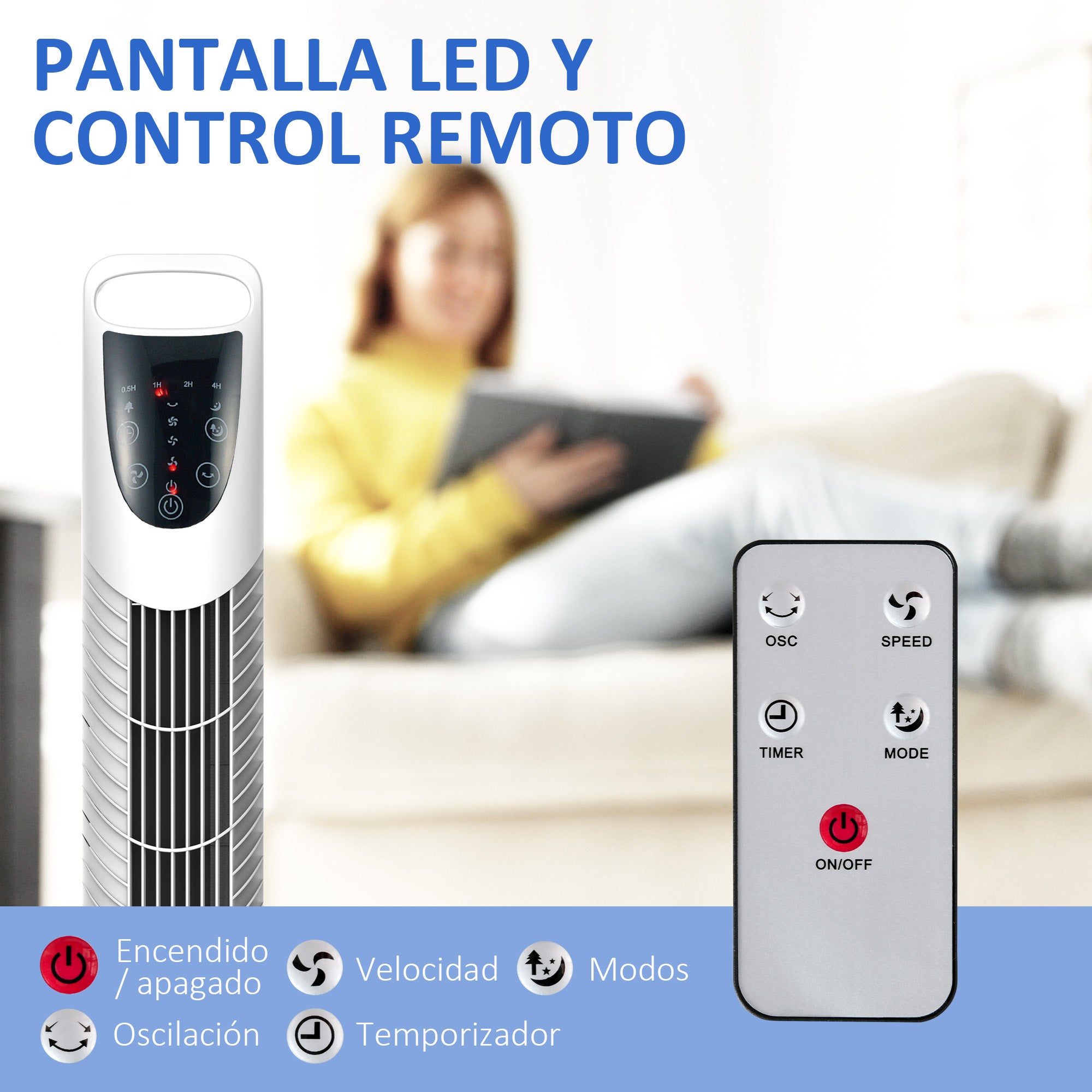 Tower Fan Vertical Fan 40W with Remote Control 3 Speeds Timer 7.5h 70° Oscillating Ø18x78.5 cm White