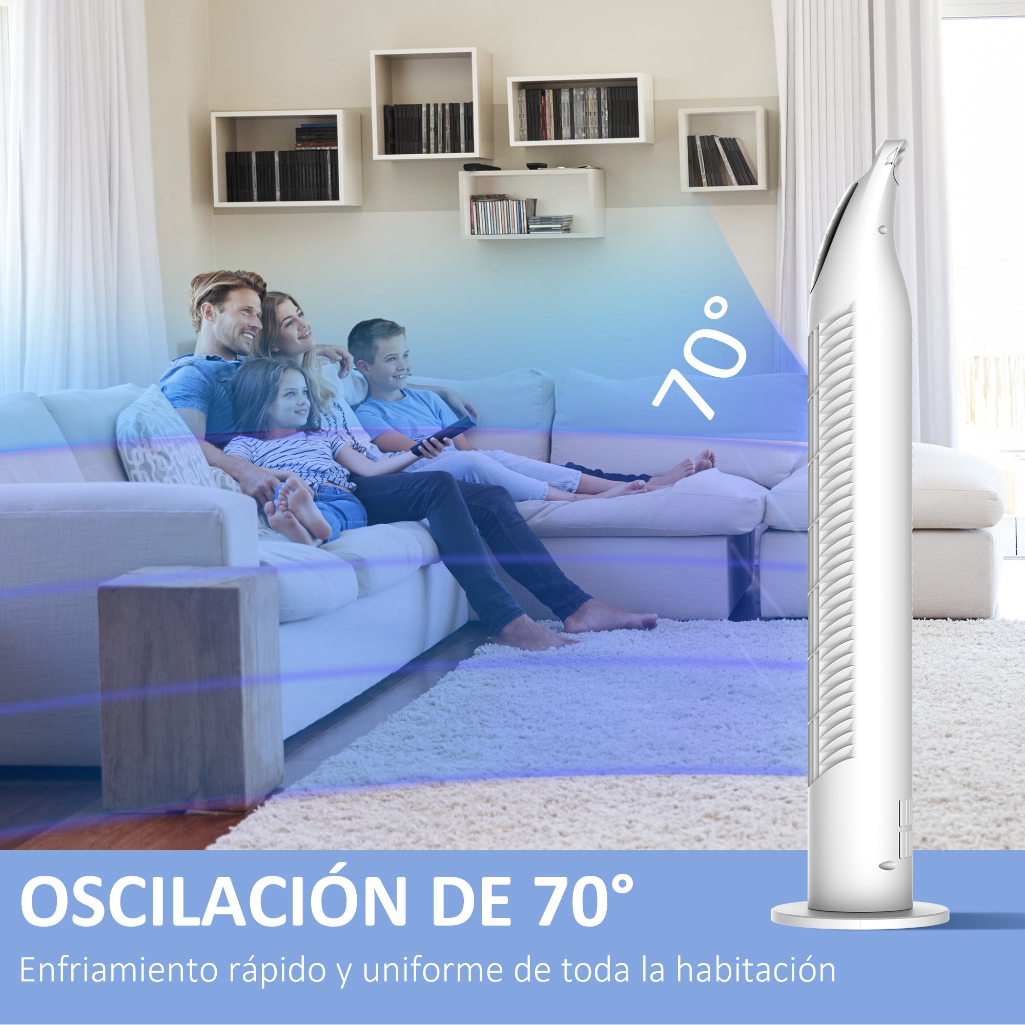 Tower Fan Vertical Fan 40W with Remote Control 3 Speeds Timer 7.5h 70° Oscillating Ø18x78.5 cm White