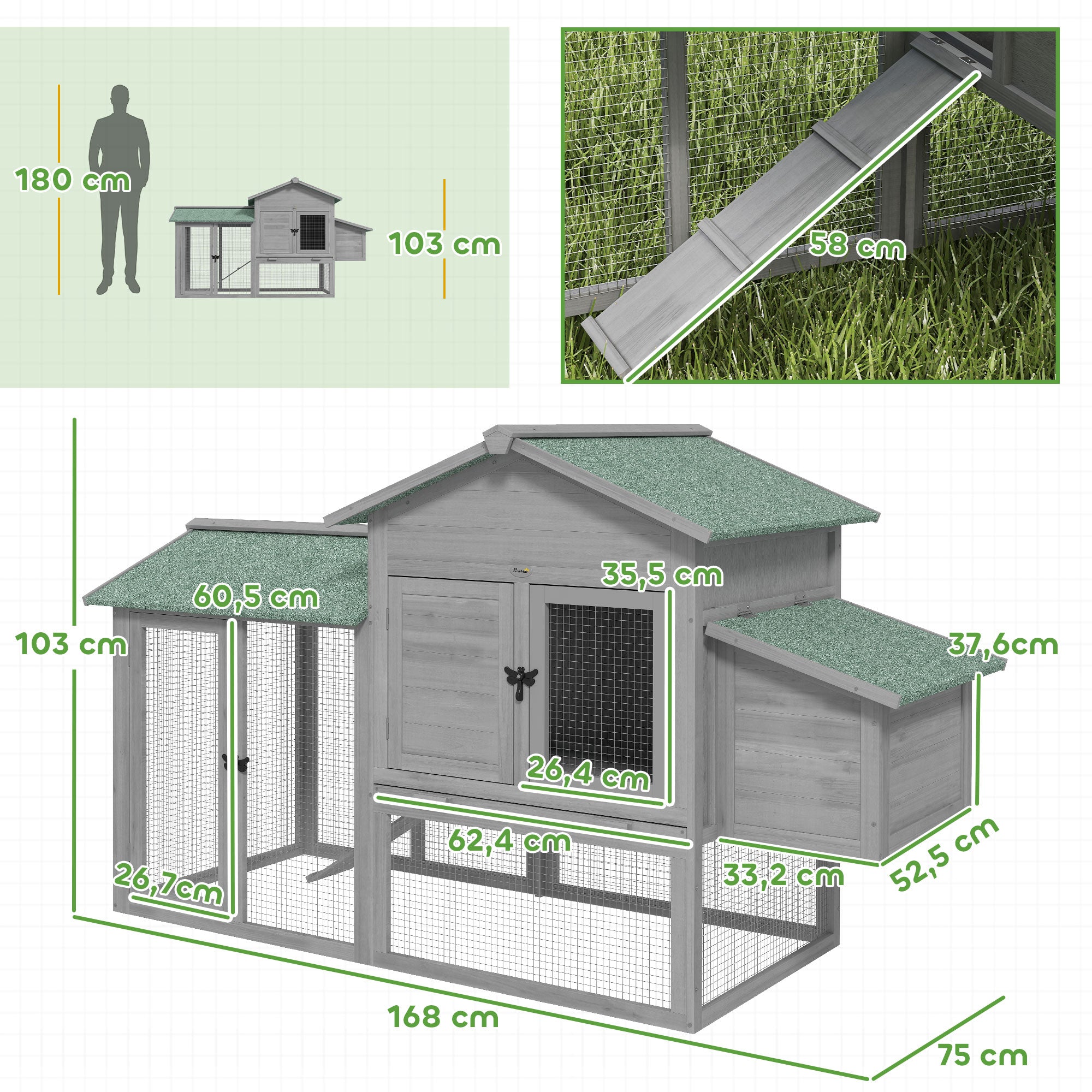 Wooden Chicken Coop with Run, 168 x 75 x 103 cm (66.1 x 29.5 x 40.6 in) — Nest Box, Ramp & Pull-Out Tray, Asphalt Roof — Gray/Green, Fits 2–4 Chickens
