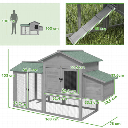 Wooden Chicken Coop with Run, 168 x 75 x 103 cm (66.1 x 29.5 x 40.6 in) — Nest Box, Ramp & Pull-Out Tray, Asphalt Roof — Gray/Green, Fits 2–4 Chickens