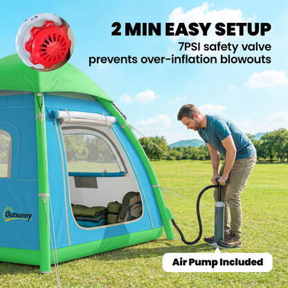 Inflatable 3-Person Camping Tent – Quick-Setup Air Tent with Pump, Mesh Windows, Removable Rainfly, Glow Pegs, Full Standing Height, 3000 mm Waterproof