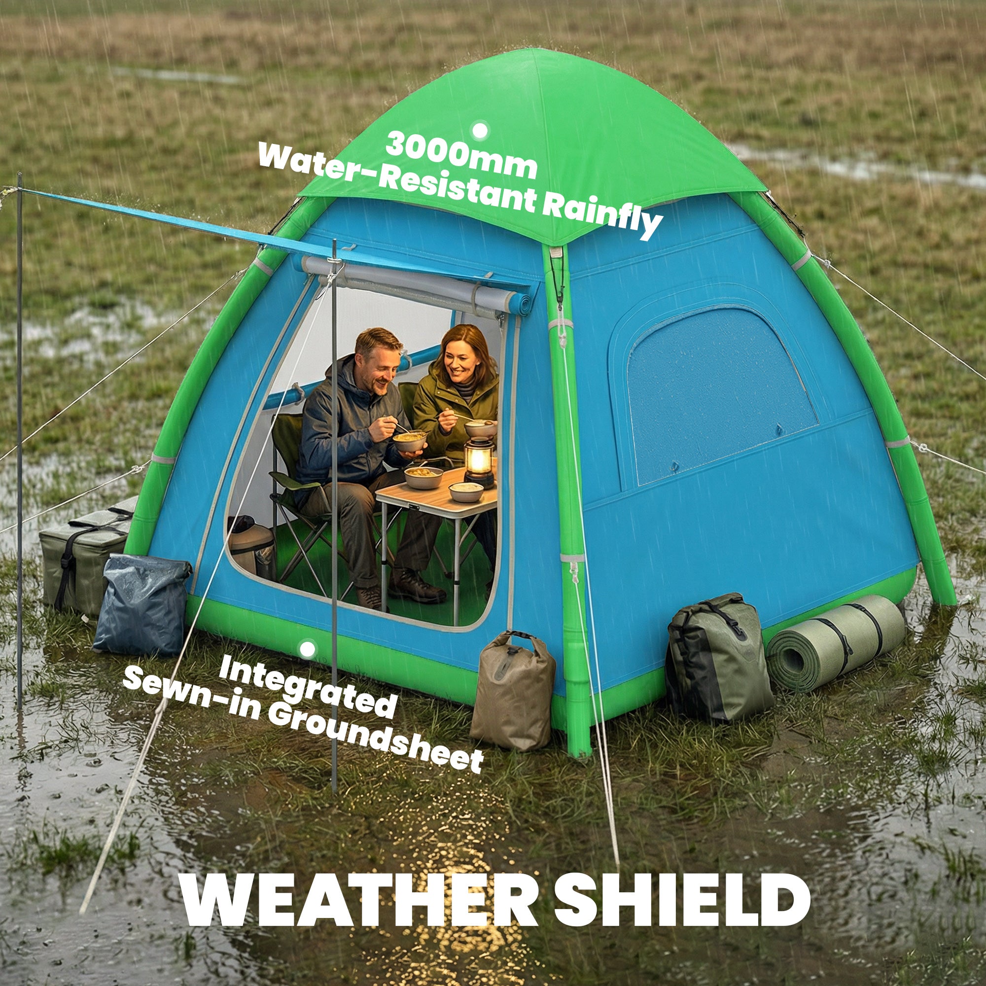Inflatable 3-Person Camping Tent – Quick-Setup Air Tent with Pump, Mesh Windows, Removable Rainfly, Glow Pegs, Full Standing Height, 3000 mm Waterproof