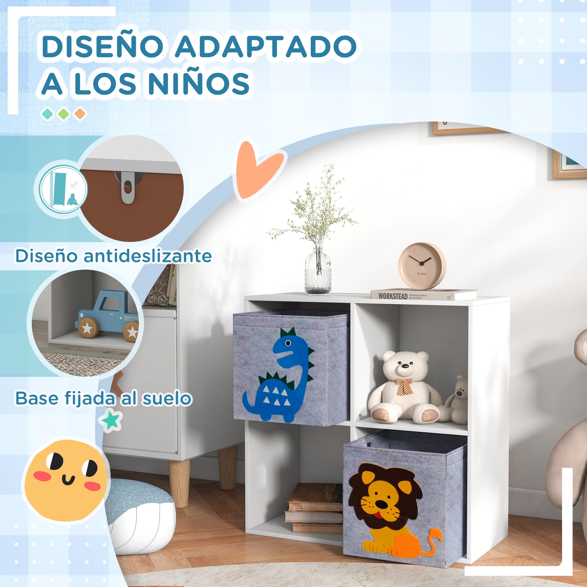 ZONEKIZ Children's Toy Shelf Bookcase for Kids 3 Years and Older with 4 Storage Compartments and 2 Non-Woven Fabric Drawers with Animal Print 61.8x29.9x61.8 cm White and Gray
