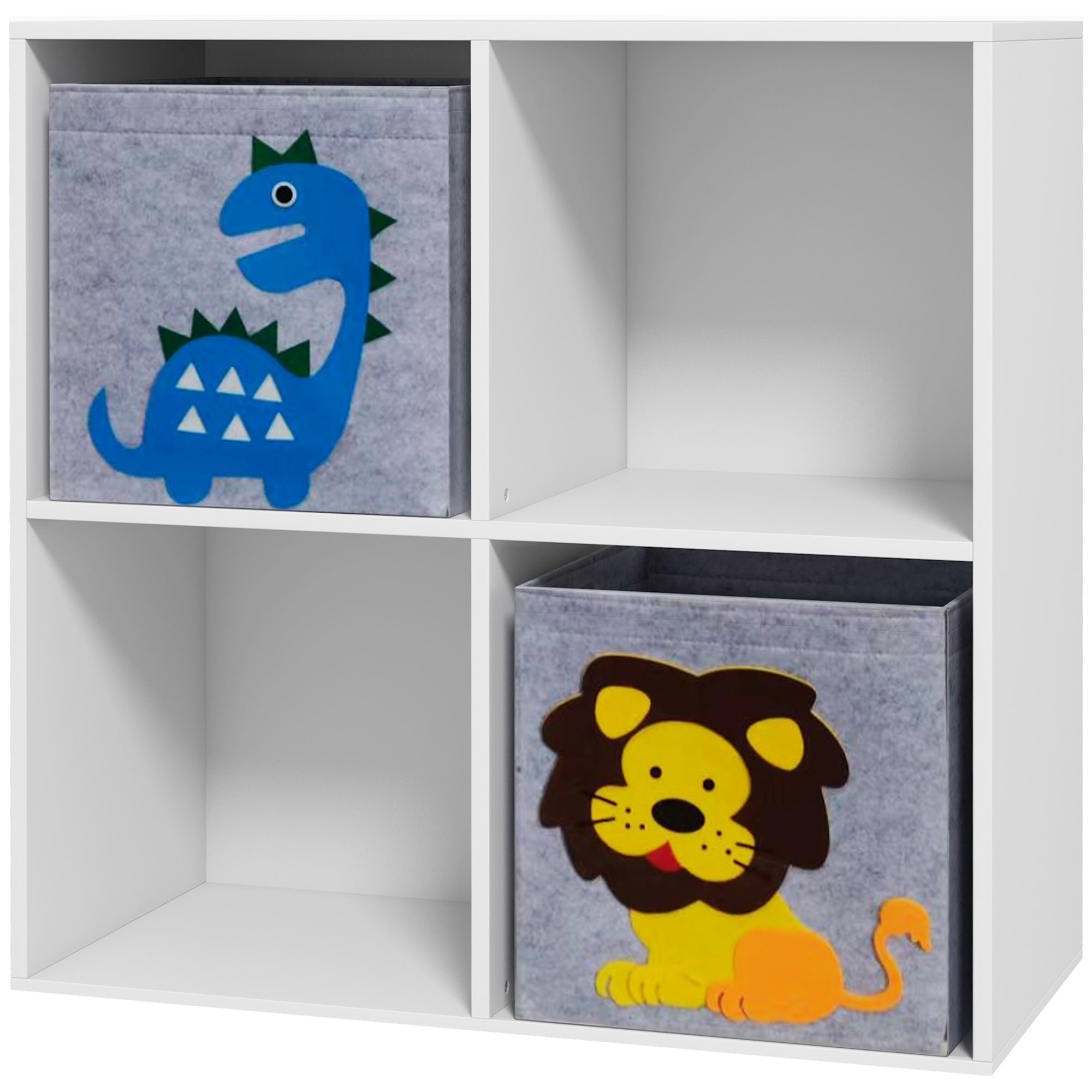 ZONEKIZ Children's Toy Shelf Bookcase for Kids 3 Years and Older with 4 Storage Compartments and 2 Non-Woven Fabric Drawers with Animal Print 61.8x29.9x61.8 cm White and Gray