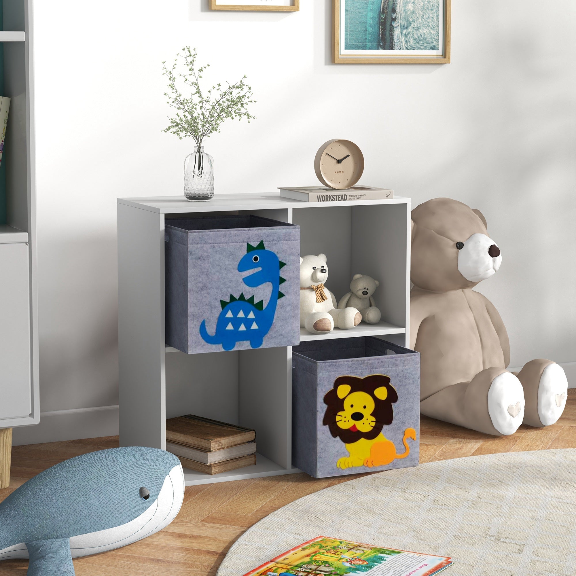 ZONEKIZ Children's Toy Shelf Bookcase for Kids 3 Years and Older with 4 Storage Compartments and 2 Non-Woven Fabric Drawers with Animal Print 61.8x29.9x61.8 cm White and Gray
