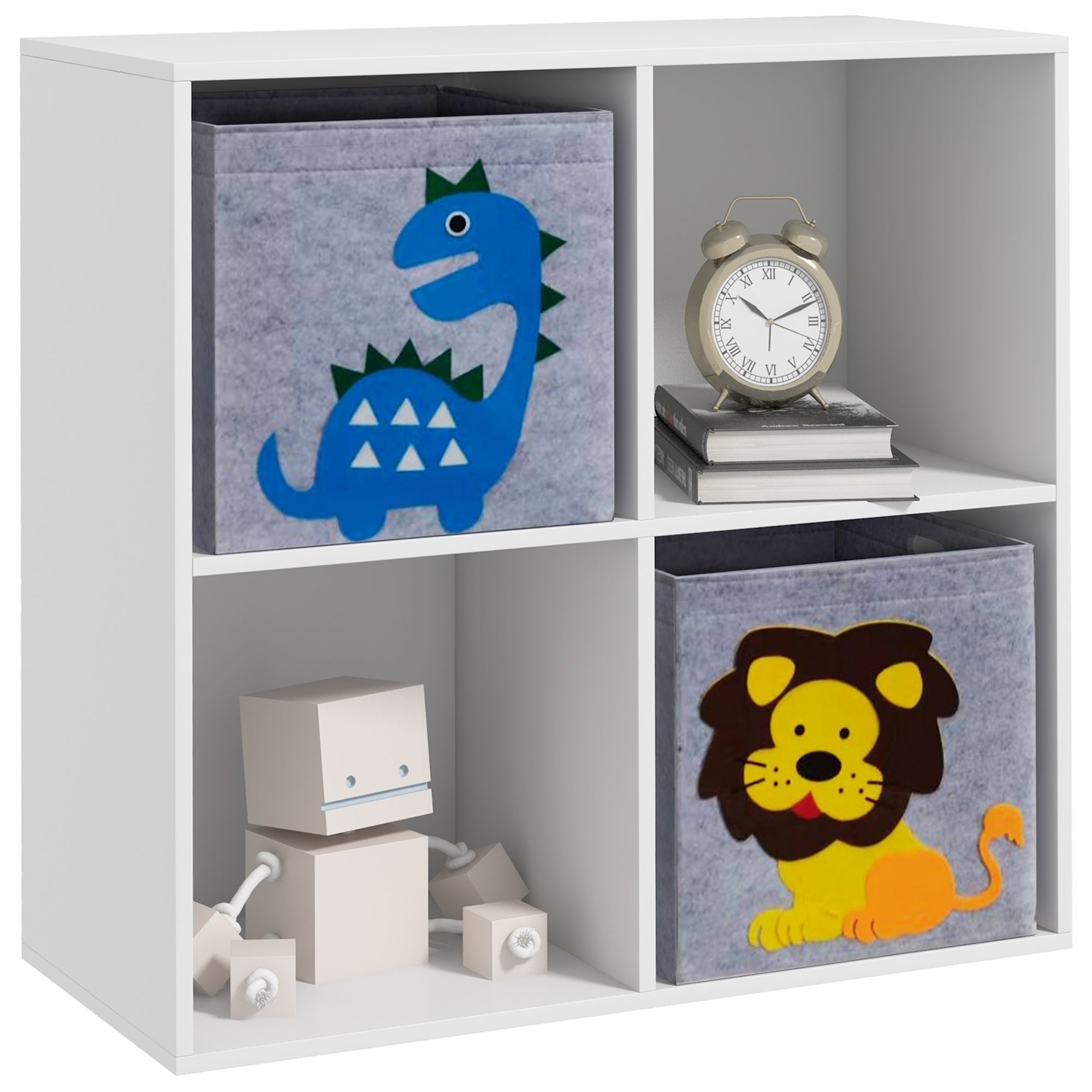 ZONEKIZ Children's Toy Shelf Bookcase for Kids 3 Years and Older with 4 Storage Compartments and 2 Non-Woven Fabric Drawers with Animal Print 61.8x29.9x61.8 cm White and Gray
