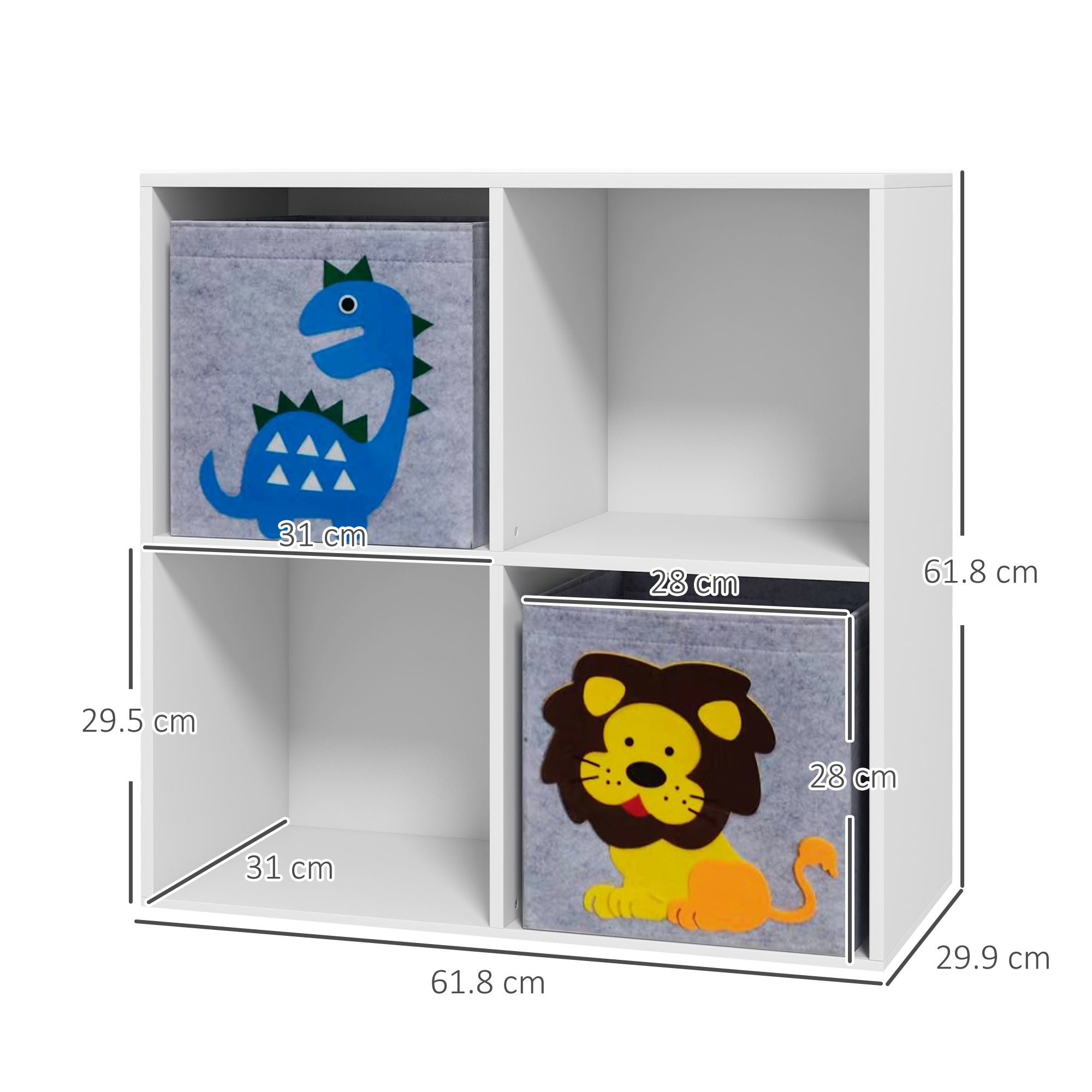 ZONEKIZ Children's Toy Shelf Bookcase for Kids 3 Years and Older with 4 Storage Compartments and 2 Non-Woven Fabric Drawers with Animal Print 61.8x29.9x61.8 cm White and Gray