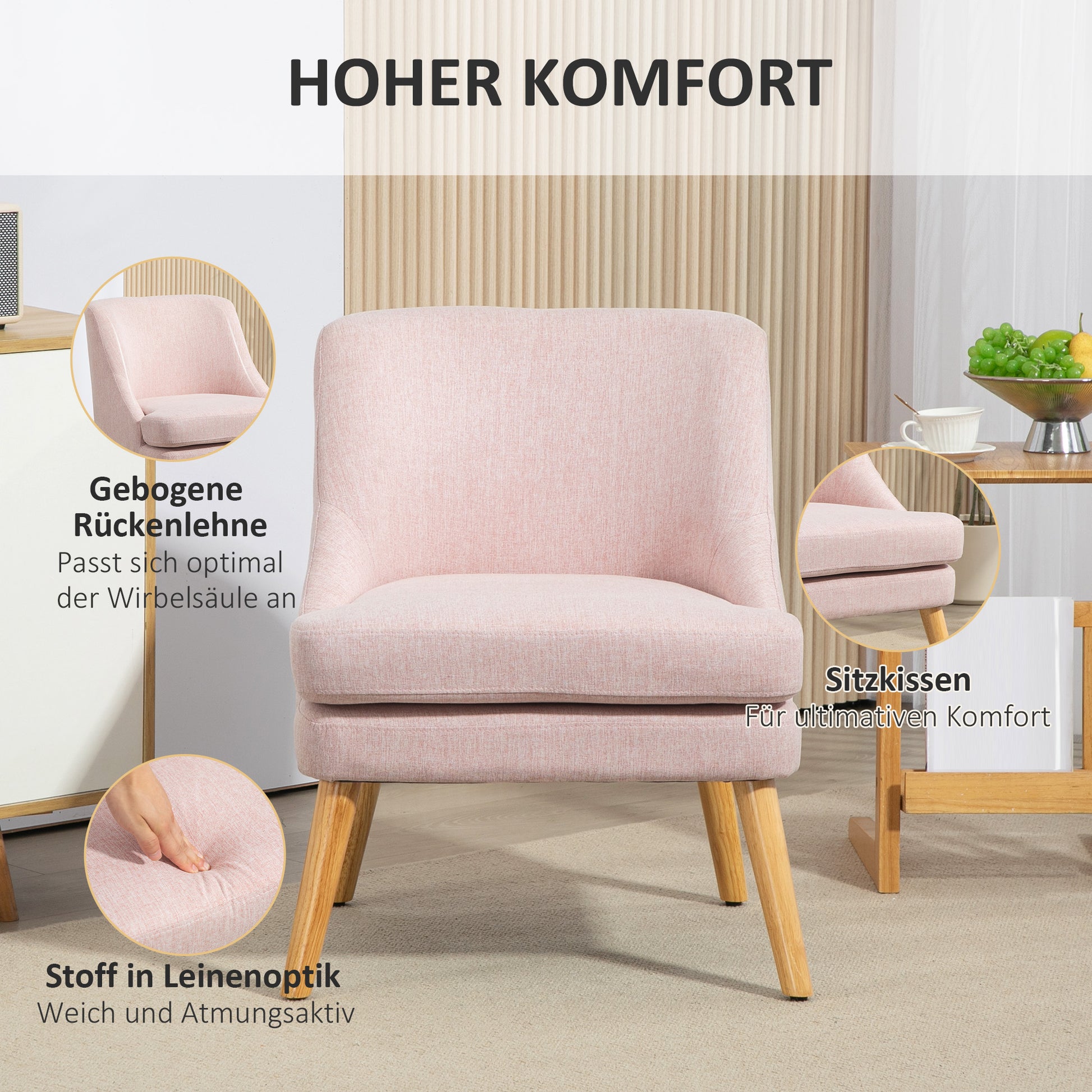Lounge Chair with Linen Look, Armrest, Upholstered Relax Chair with Wood Legs, for Living Room, Bedroom, Pink