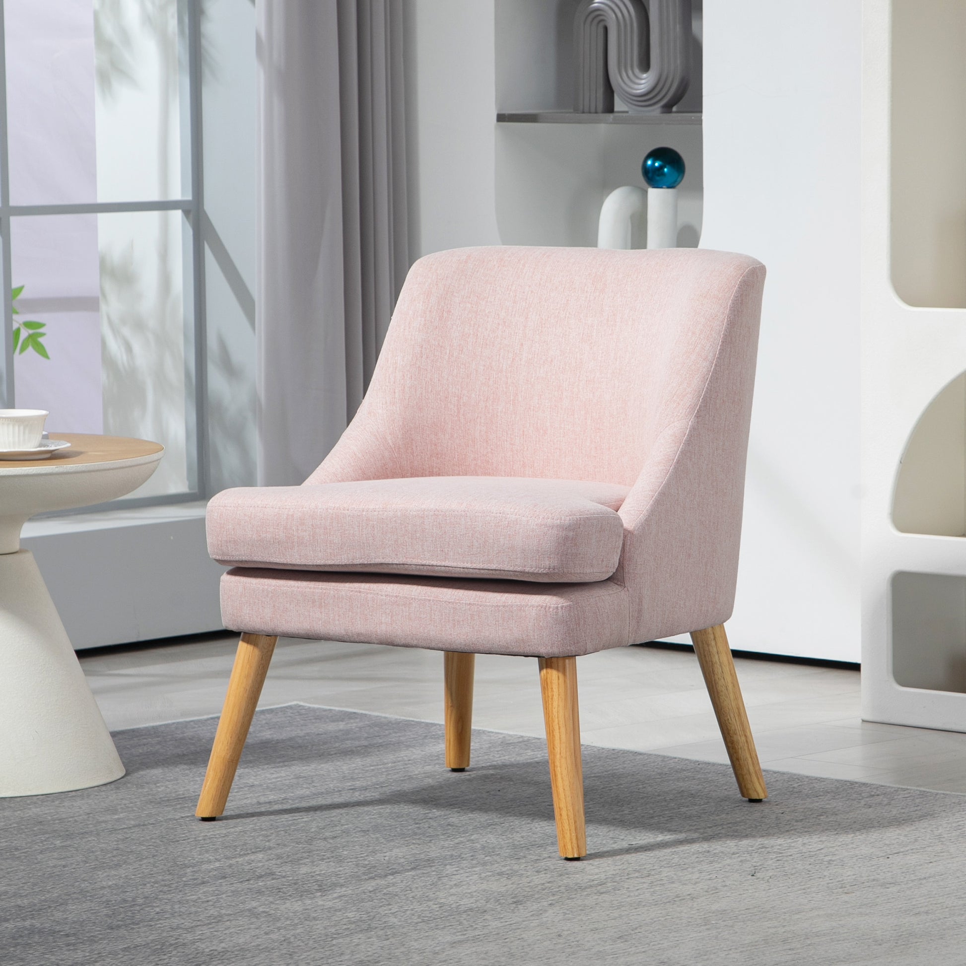 Lounge Chair with Linen Look, Armrest, Upholstered Relax Chair with Wood Legs, for Living Room, Bedroom, Pink