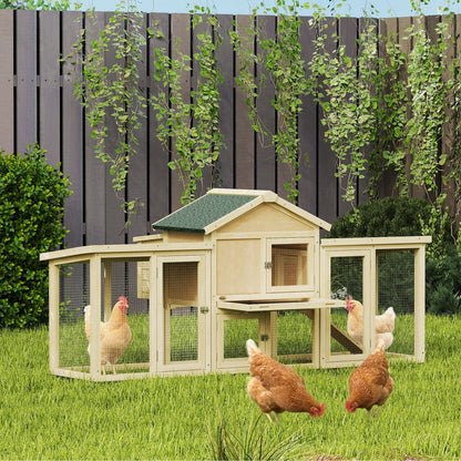 Wooden Chicken Coop 204 x 85 x 93 cm (80.3 x 33.5 x 36.6 in) — 2-Level Outdoor Run, Nesting Box, Waterproof Roof, Perch & Ramp, Natural Wood