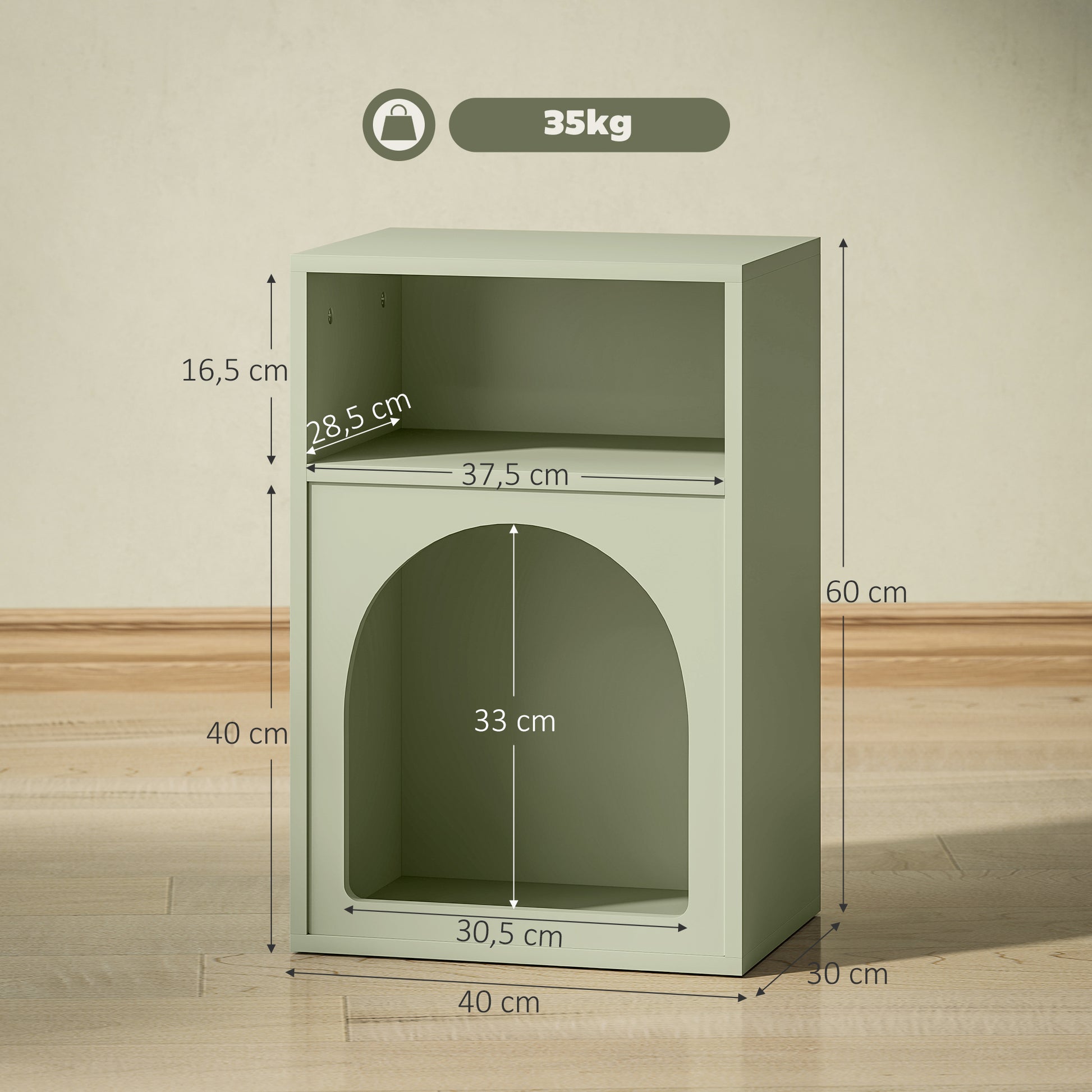 Modern Nightstand Narrow Bedside Table with 2 Open Compartments Arched Design Side Table for Living Room Bedroom 40x30x60 cm Green