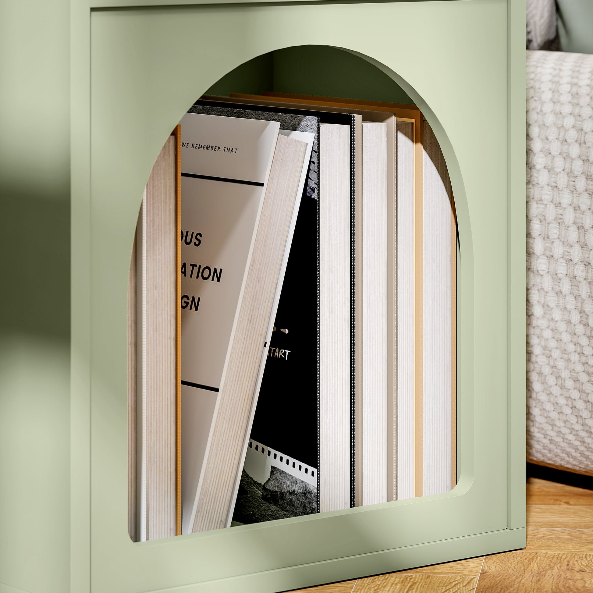 Modern Nightstand Narrow Bedside Table with 2 Open Compartments Arched Design Side Table for Living Room Bedroom 40x30x60 cm Green