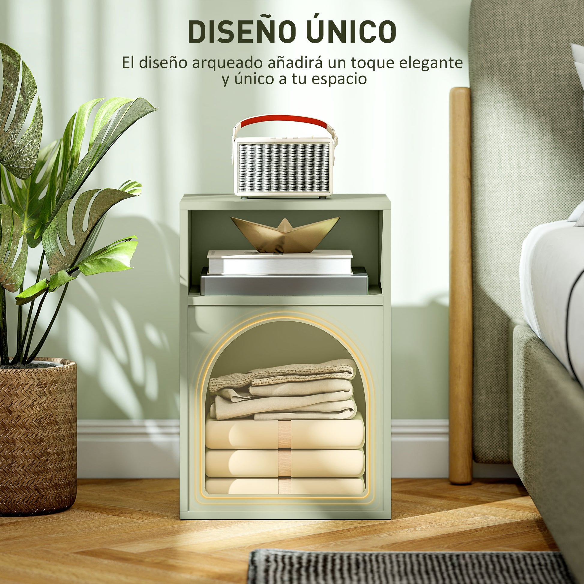 Modern Nightstand Narrow Bedside Table with 2 Open Compartments Arched Design Side Table for Living Room Bedroom 40x30x60 cm Green