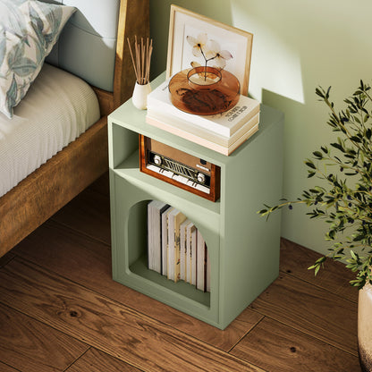 Modern Nightstand Narrow Bedside Table with 2 Open Compartments Arched Design Side Table for Living Room Bedroom 40x30x60 cm Green