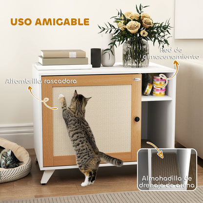 Cat Litter Furniture Cat Litter Box with Door with Scratching Pad and Cat Litter Compartment for Living Room Bedroom 77x50x63 cm White