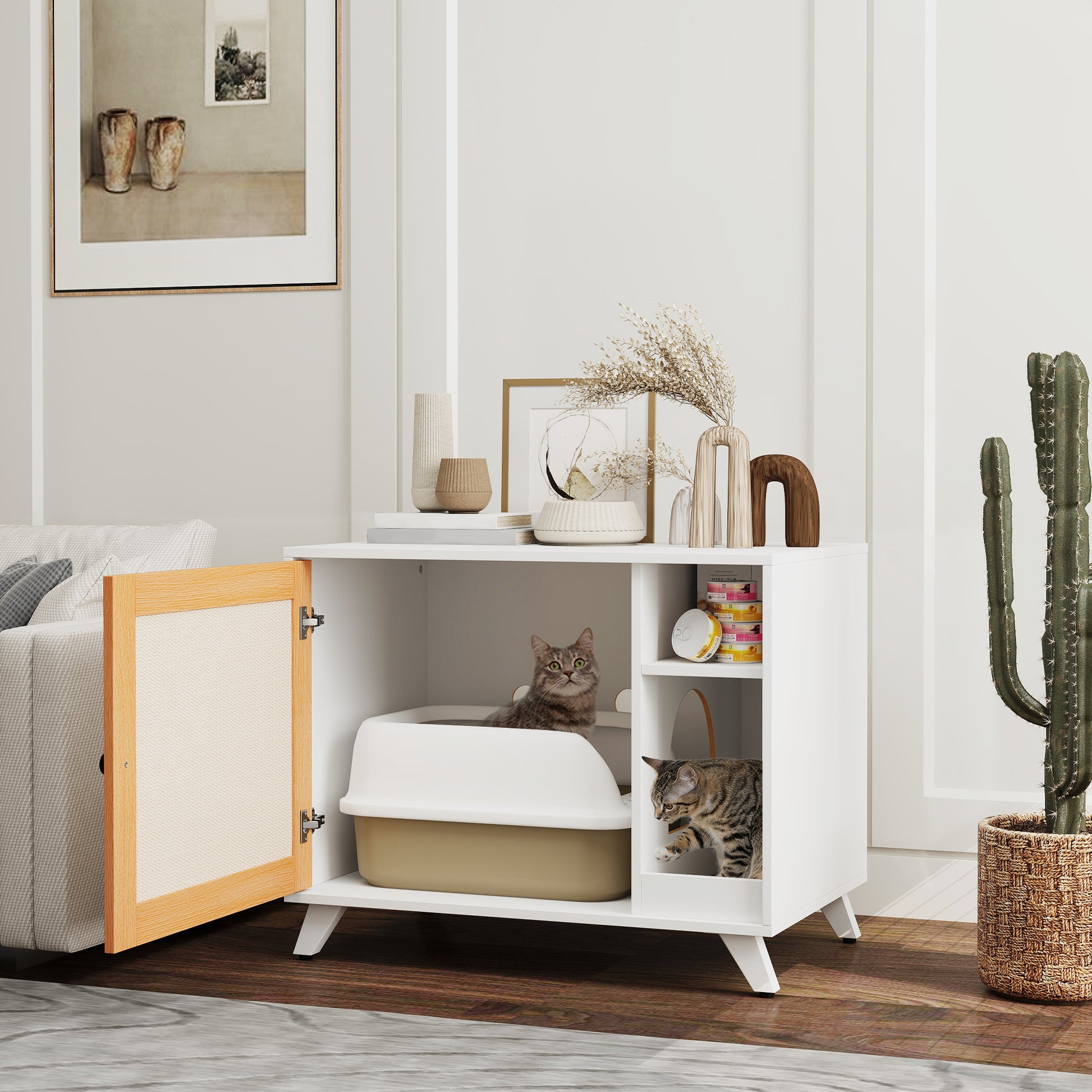 Cat Litter Furniture Cat Litter Box with Door with Scratching Pad and Cat Litter Compartment for Living Room Bedroom 77x50x63 cm White
