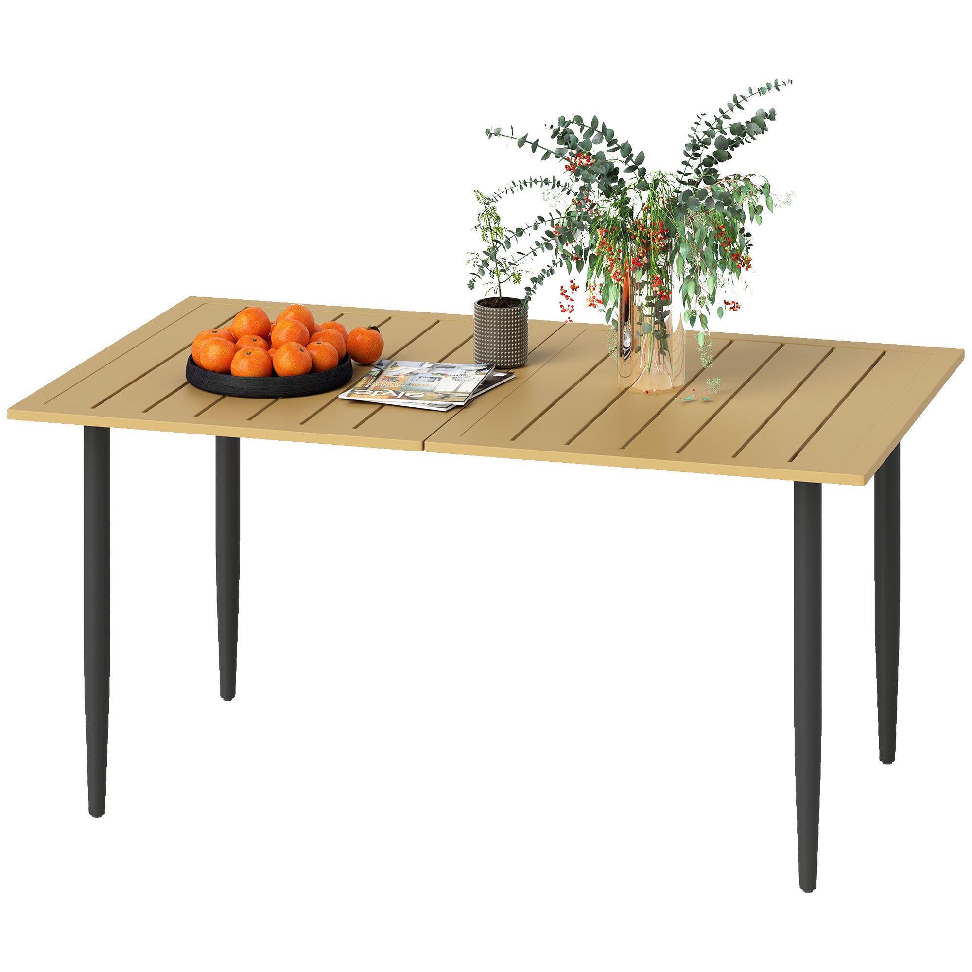 59.1 x 35.4 in Patio Dining Table with Umbrella Hole, Weather-Resistant Powder-Coated Steel Slatted Outdoor Table, Brown