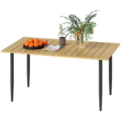 59.1 x 35.4 in Patio Dining Table with Umbrella Hole, Weather-Resistant Powder-Coated Steel Slatted Outdoor Table, Brown