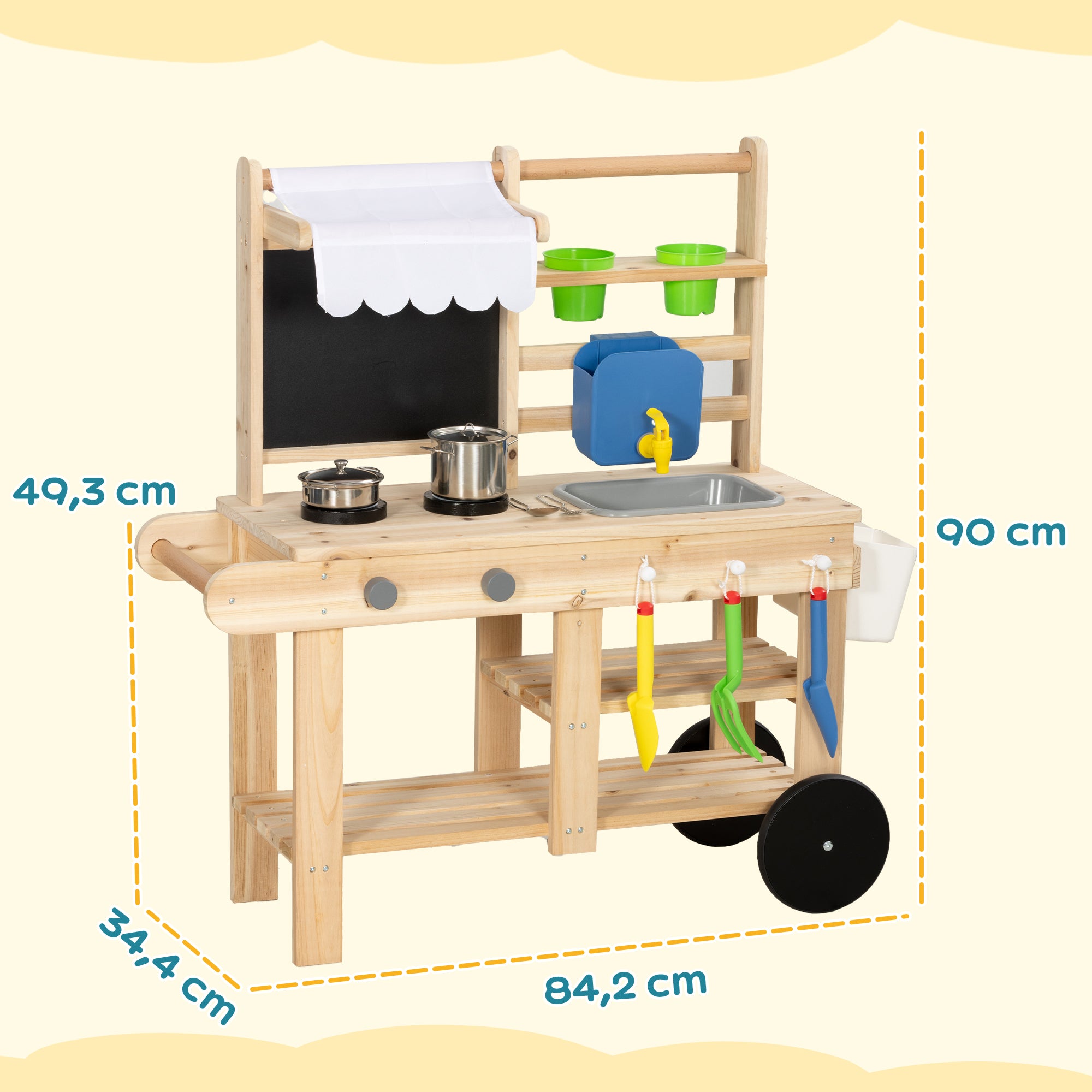 Outdoor Mud Kitchen for Kids — Wooden Play Kitchen with Real Faucet, Sink, Stove, Storage Shelf & Water Tank, Natural Wood — Ages 3+