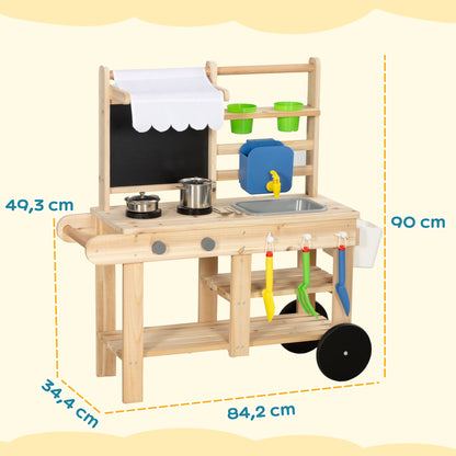 Outdoor Mud Kitchen for Kids — Wooden Play Kitchen with Real Faucet, Sink, Stove, Storage Shelf & Water Tank, Natural Wood — Ages 3+