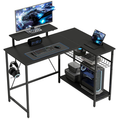 Reversible L-Shaped Gaming Desk with Monitor Stand & Adjustable Mesh Shelf, 114.5 x 82 cm (45.1 x 32.3 in), Black Carbon-Fiber