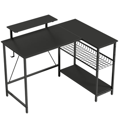 Reversible L-Shaped Gaming Desk with Monitor Stand & Adjustable Mesh Shelf, 114.5 x 82 cm (45.1 x 32.3 in), Black Carbon-Fiber